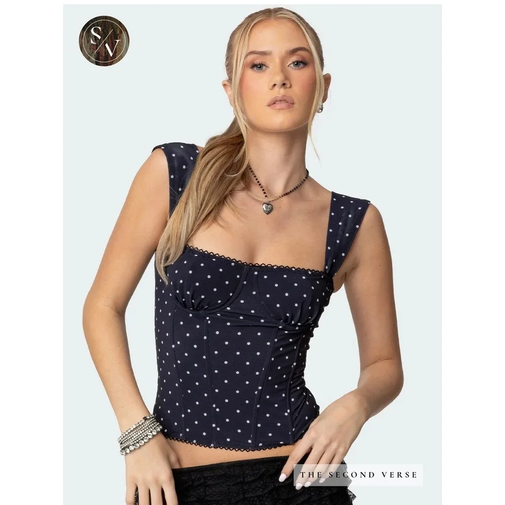 Edikted Marcella Wide Strap Mesh Corset Top Black White Polka Dot S16840 Size Sm - Picture 1 of 11